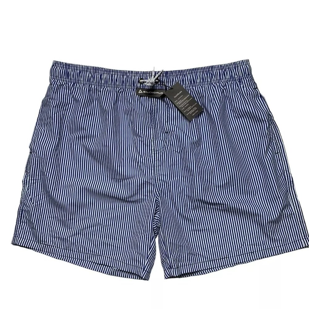 SILKWORLD Striped Swim Trunks Shorts Size 3XL Blue White 3 Pockets Quick Dry